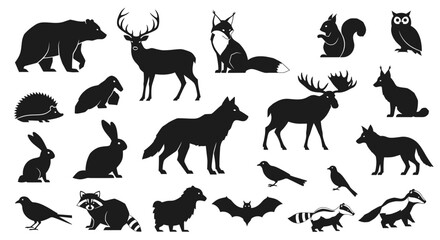 Naklejka premium Silhouetted collection of various North American wildlife animals, isolated on white background.