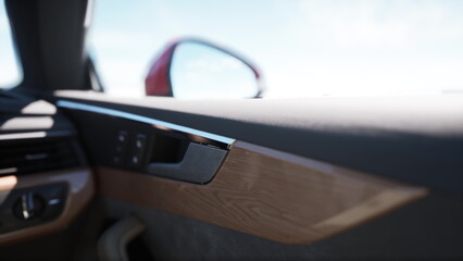 The sleek interior of a contemporary vehicle features stylish wood trim along the dashboard, highlighting modern design. Bright reflections enhance the luxurious feel of the space.