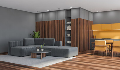 Yellow studio kitchen with grey sofa in the corner