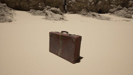 A weathered suitcase lies alone on the smooth sandy shore, framed by rugged cliffs under a clear sky. Its presence suggests stories of past journeys and adventures.