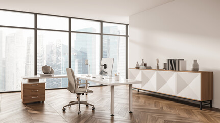 View on corner of panoramic beige office with sideboard, desk