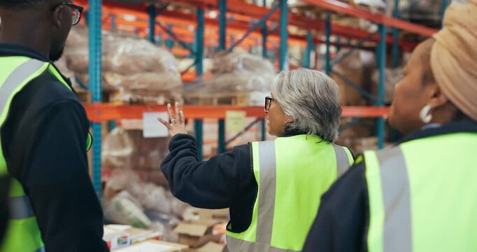 Distribution, supervisor and group in warehouse, inspection or planning for logistics and discussion. Back, colleagues and people in factory for quality assurance, walk and teamwork for dropshipping