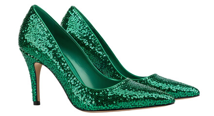 Obraz premium Pair of sparkly emerald green sequin high heel pumps for party fashion and sales isolated PNG with Transparent Background