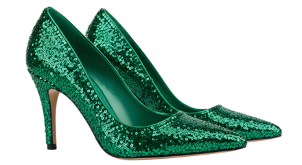 Pair of sparkly emerald green sequin high heel pumps for party fashion and sales isolated PNG with Transparent Background