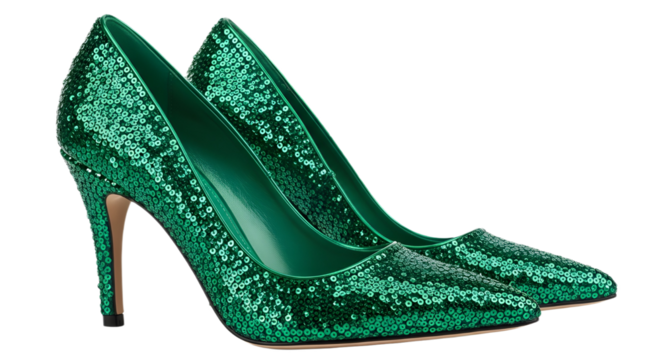 Pair of sparkly emerald green sequin high heel pumps for party fashion and sales isolated PNG with Transparent Background