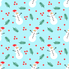 Happy winter cute seamless pattern with snowmen, spruce branches and berries on blue background. Design for Christmas and New Year. Baby design. Pattern for baby textile and fabric, wrapping paper