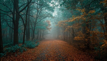 Mystical foggy forest path with teal atmospheric light and autumn foliage