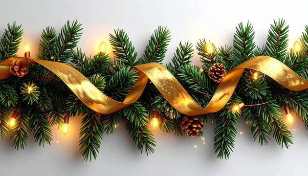 Guirnalda decorativa navide&ntilde;a hiperrealista fondo neutro. Ramas de abeto detalladas y frondosas, cinta luminosa dorada brillante entrelazada, l&aacute;mpara de cadena con peque&ntilde;as luces c&aacute;lidas.