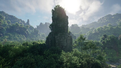 A striking rocky formation stands tall surrounded by vibrant greenery, as the sun casts a warm glow across the landscape. This serene setting showcases natures beauty and tranquility.
