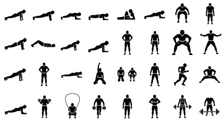 Silhouetted figures demonstrating various exercises and fitness activities in a sequence.