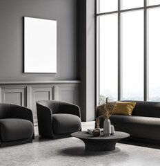 Obraz premium Corner interior of the room with blank poster on dark grey wall