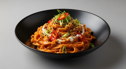 Spicy tomato pasta in a black bowl, a tantalizing dish with vibrant flavors and textures, perfect for a satisfying and flavorful meal