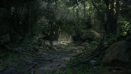 A serene path winds through a lush jungle, illuminated by soft daylight. Shadows dance among vibrant foliage, creating an enchanting atmosphere. Wildlife stirs in the underbrush.