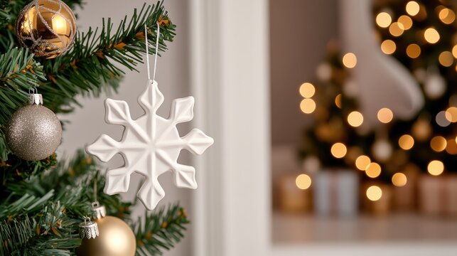 White snowflake ornament hangs from green pine branches, surrounded by golden and silver decorations. The cozy living room glows with festive lights during the Christmas season