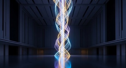 Illuminated light trails forming helix shape in a modern architecture hall