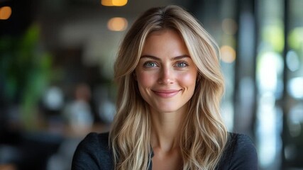 Smiling woman in a cafe with blurred background