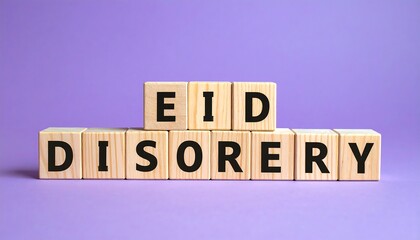 Wooden blocks arranged to read "EID DISORERY" against a solid purple background, creating a playful, typographical composition