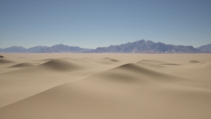 The scene reveals undulating sand dunes forming a golden sea under a bright blue sky. Misty mountains rise in the distance, creating a serene and tranquil atmosphere.