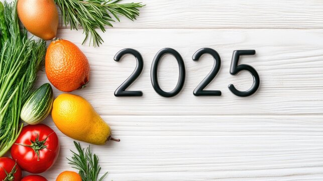 Fresh fruits and vegetables are shaped into the numbers 2025 against a clean white background, symbolizing a focus on healthy eating and a vibrant new year ahead