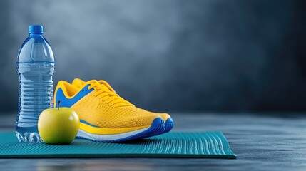 Green yoga mat features yellow and blue running shoes, a fresh apple, and a water bottle, all arranged for a workout session on a dark gray stone surface