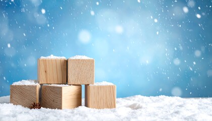 Wooden blocks covered in snow sit on a bed of white snow, snowflakes falling against a light blue, blurred backdrop
