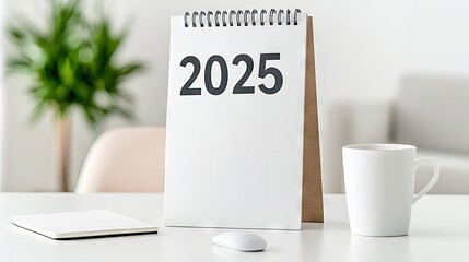 A serene home workspace showcases a desk calendar for 2025, a white notebook, and a computer mouse, with a blurred coffee cup adding warmth to the atmosphere