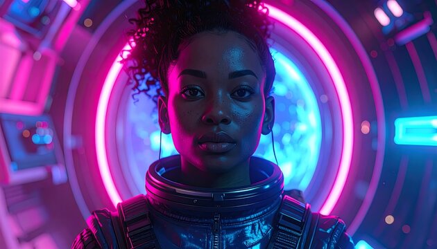Woman in futuristic space suit, lit by neon against a circular window showing a blue planet