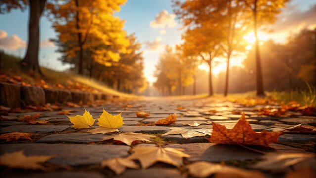 Fallen autumn leaves scattered on a stone path bathed in cinematic golden sunlight