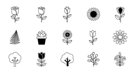 Diverse collection of stylized botanical icons featuring flowers, plants, trees, and berries, perfect for modern design projects.