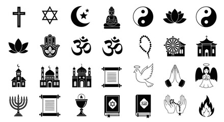 Diverse religious symbols and cultural icons representing faith, spirituality, peace, and global unity for spiritual projects