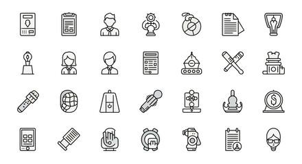 Diverse business icons representing awards, documents, people, and success in a modern, professional collection