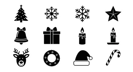 Festive Christmas icons set featuring a tree, snowflakes, star, bell, gift, candle, reindeer, wreath, hat, and candy cane for joyful holiday designs