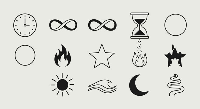 Modern minimalist icons representing time, infinity, elements, and celestial bodies for versatile design projects