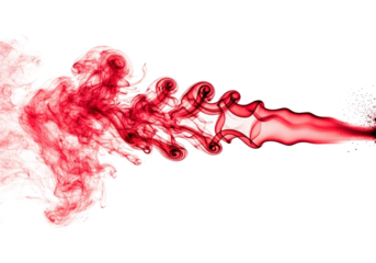Swirling red smoke plume with white highlights and particles isolated on a transparent background abstract