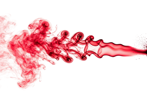 Swirling red smoke plume with white highlights and particles isolated on a transparent background abstract