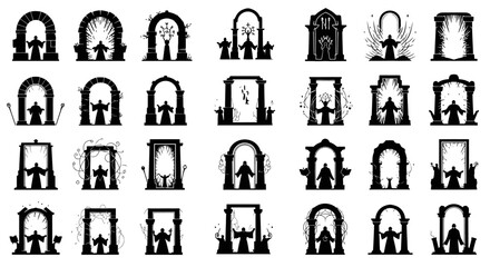 A collection of silhouette illustrations showing cloaked figures standing under various archways and portals, some decorated with plants. © Muhammadagil