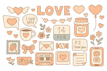 Set of valentines day stamp and cute journal vector tape and postage doodle. Ideal for planners and gifts with pastel doodles by hand or vector. Romantic clipart set for invites and journals.