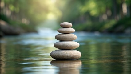Five smooth river stones stacked perfectly in tranquil water with a blurred green background