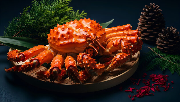 Luxurious Red King Crab Dish with Winter Greenery