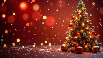 Obraz premium Festive Christmas Tree with Ornaments, Lights, and Bokeh on a Red Background Holiday Illustration