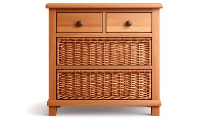 Wooden chest with two drawers on top and two wicker baskets below, on a white background