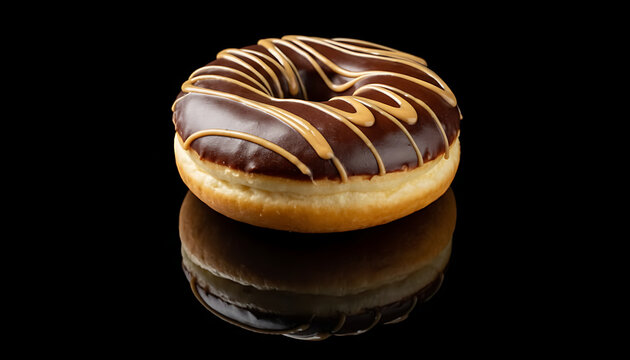 A chocolate frosted donut with caramel drizzle on a reflective black surface in a studio setting - Powered by Adobe