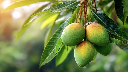 Fresh, ripe green mangoes hanging from a tree branch with sunlight filtering through the leaves, a vibrant tropical fruit