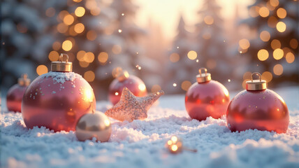 Christmas ornaments and stars amid snowy winter landscape, creating a festive holiday atmosphere