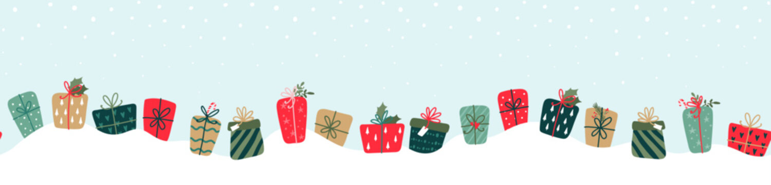 Cute hand drawn christmas seamless pattern, colorful giftboxes, great for wrapping papers, banners, textiles - vector design