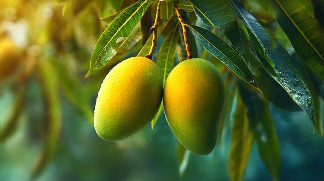 Close-up realistic photo of fresh ripe mangoes hanging from a tree branch with green leaves in soft sunlight