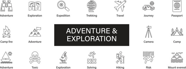 Adventure and Exploration editable line icons pack. Hiking, mountain, travel, compass, backpack, camping, trekking, expedition and more icons.