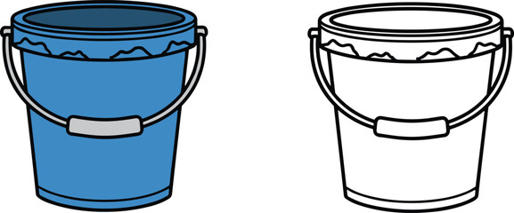 Paint bucket comparison illustration, blue filled and empty outline version, dripping paint detail, creative tool concept, flat vector illustration
