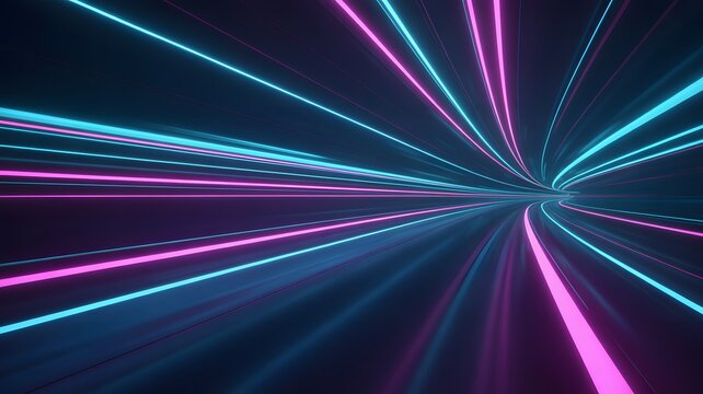 Abstract neon light trails in a dark tunnel with vibrant pink and blue streaks