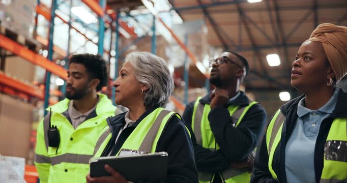 Logistics, team or training with tablet in warehouse for inspection, shipping or service delivery. People, distribution supervisor or guidance on inventory control, storage management or instructions